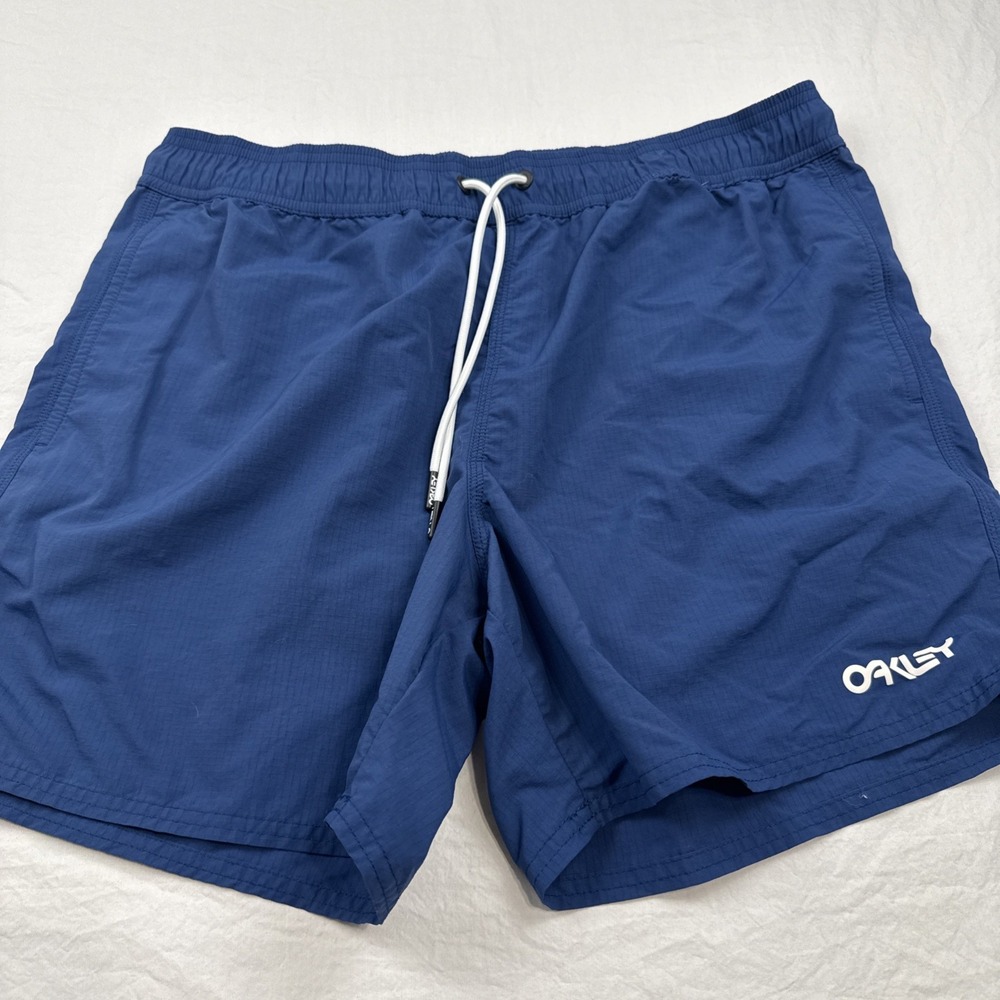 OAKLEY Regular Fit Shorts Men's MEDIUM 34 Elastic Waist Drawstring Logo Blue BLK